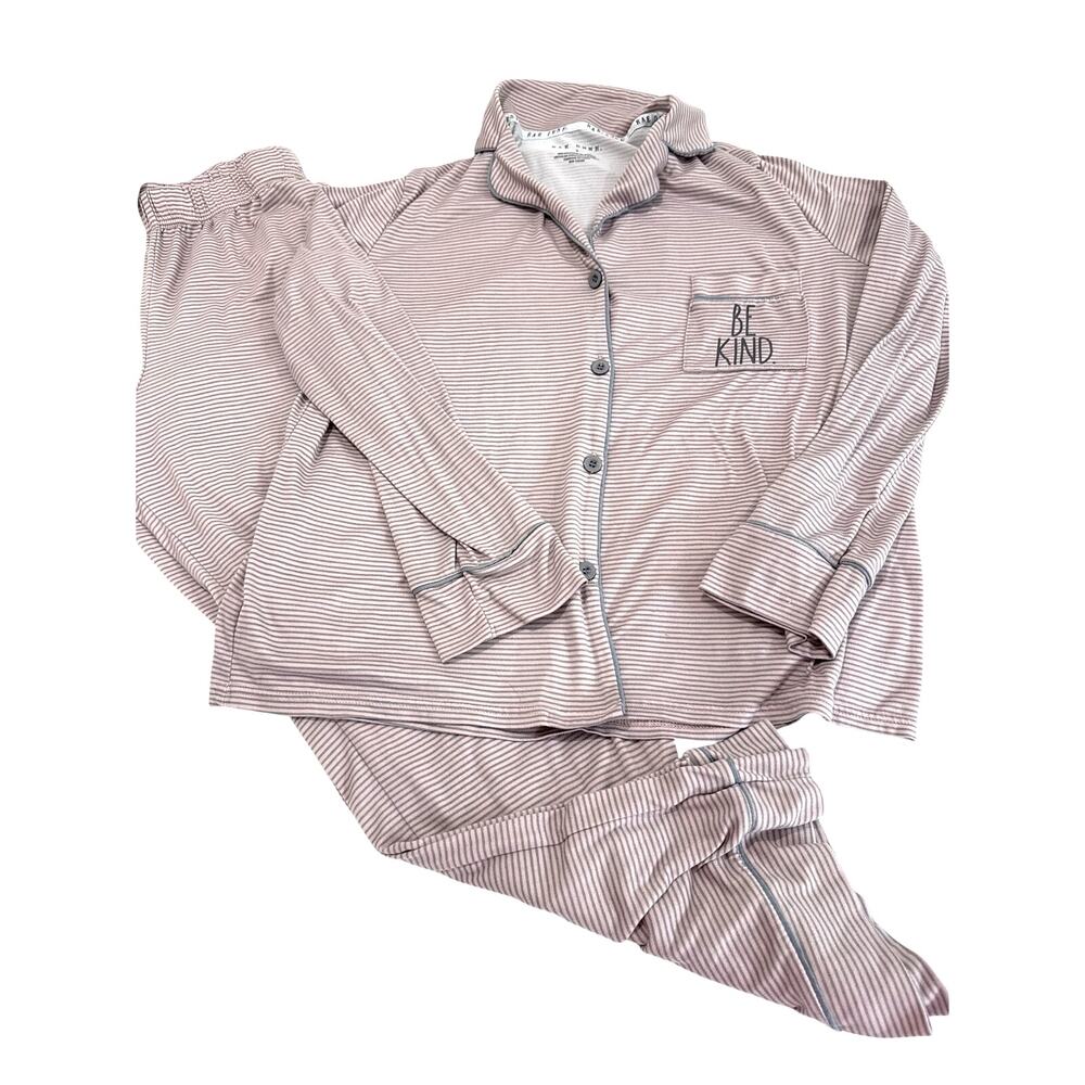 Rae Dunn Be Kind Pajama Set Pink Gray Stripe Top S Pants M Lounge - Picture 2 of 5
